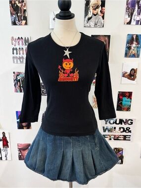 Black 'Naughty' Graphic Tee with Red & Orange Print